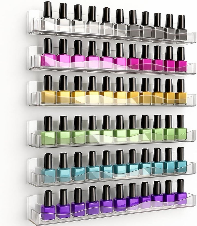 YMVV Clear Acrylic Nail Polish Rack Wall Mounted Shelf,6 Pack Organizer with Unique Wavy Lines,Nail Supplies for Techs,Great Display Salons Retailers - Image 1